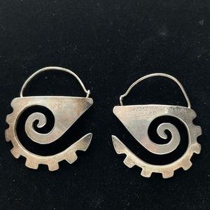 Vintage Sterling Tribal Ethnic Glyph Swirl Hoop Earrings